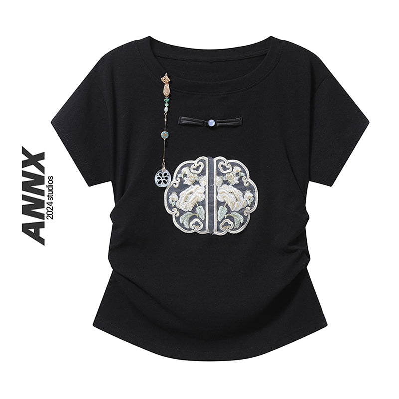 [ANNX Series]★China Style T-shirt★ 2color Tops Women's Chinese Clothing Improves Temperament Embroidery Chinese Button