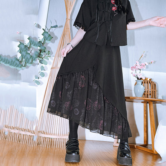 [Kokaisha Series] ★China style pants★ Chiffon gaucho pants Spring/Summer Loose Black Black SML XL