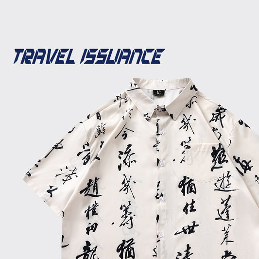 【TRAVEL ISSUANCEシリーズ】★チャイナ風トップス★ 半袖シャツ トップス 文字柄 男女兼用 メンズ M L XL 2XL レディース 夏服