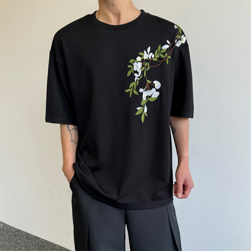 【入画シリーズ】★チャイナ風トップス★ 2color トップス 半袖 Tシャツ 花柄 男女兼用 メンズ ブラック ホワイト