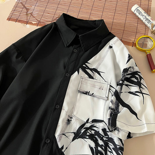 [BIGEMAN Series] ★China style tops★ 2color shirt, bamboo pattern, bamboo, short sleeves, unisex, men's, large size, black white