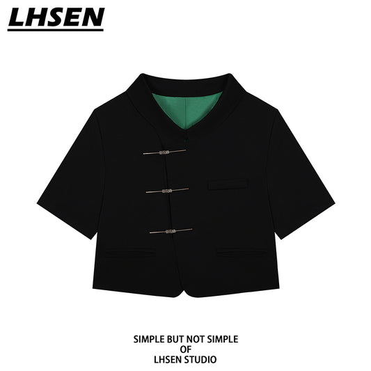 [LHSEN Series]★Chinese Style Tops★ Shirt Short Sleeve Outerwear Black Retro Cute Women's Chinese Clothes