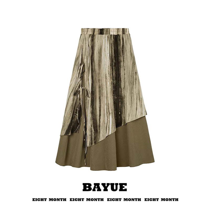 [XIAOYOUGU series] ★China style skirt★ Oil painting style pleated skirt Retro cute Easy to match for commuting, dating, etc.