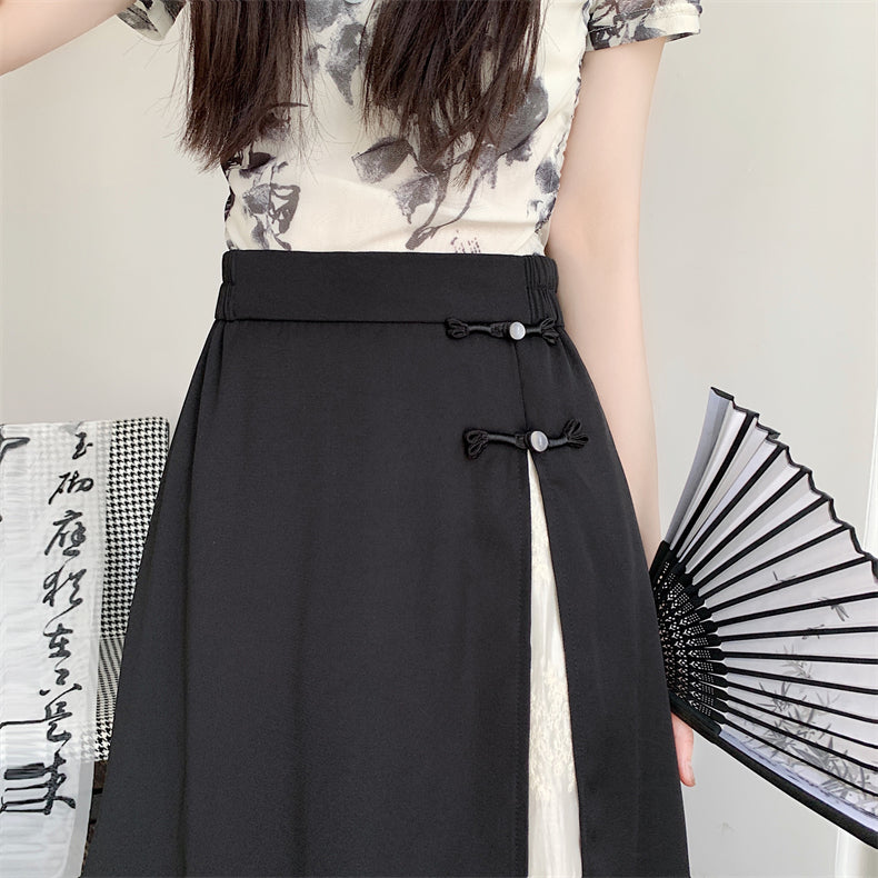 [FQXD Series]★China Style Skirt★ Bottoms Ladies Switching Black Black Elastic Waist