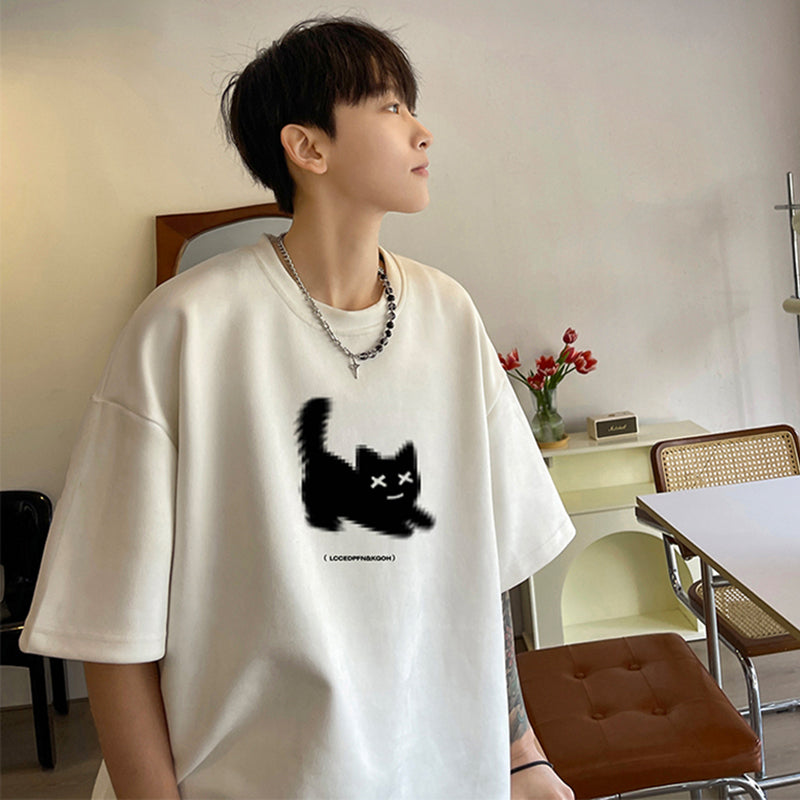 【NANSHIシリーズ】★Tシャツ★ 5color トップス 半袖 男女兼用 メンズ 大きいサイズ スエード 猫 猫柄 ねこ ネコ