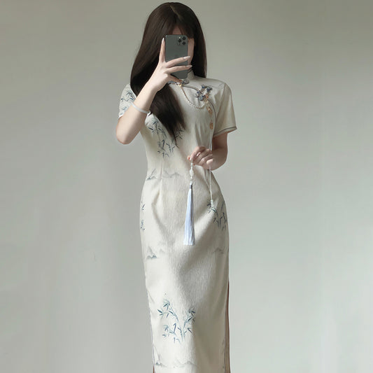 [HUAKAI Series]★Cheongsam dress★ Chinese style dress, short sleeves, long length, bamboo pattern, retro, improves your temperament