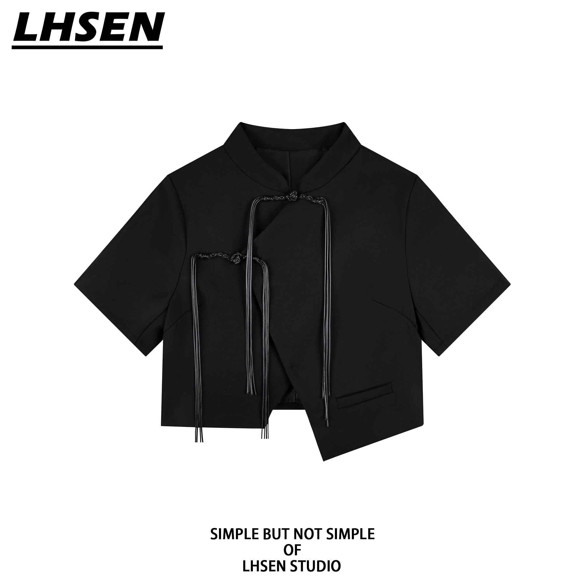 [LHSEN Series] ★Chinese-style tops★ Shirt, short sleeves, outerwear, women's, unique, Chinese buttons, summer clothing, black