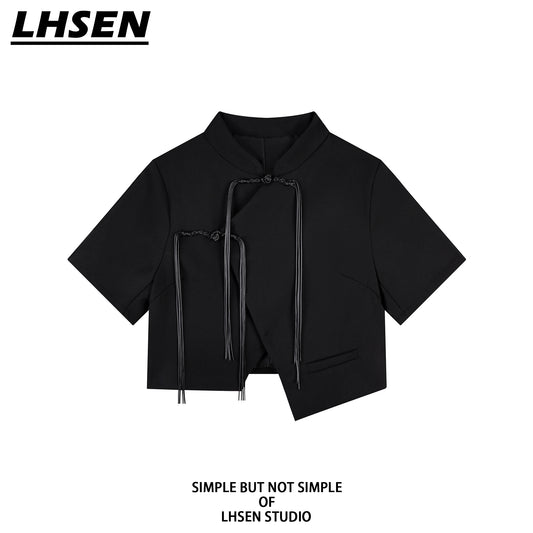 【LHSENシリーズ】★チャイナ風トップス★ シャツ 半袖 アウター レディース 個性的 チャイナボタン 夏服 黒い