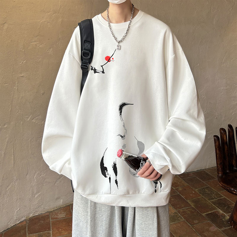 [WUSHE Series]★China Style Tops★ 4color Long Sleeve Tops Sweatshirt Unisex Men's Large Size Crane Tsuru Tsuru