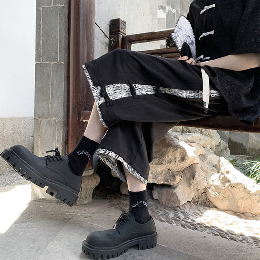 [LPZ Series] ★Chinese-style pants★ 2 colors, 7/8 length, shorts, unisex, men's, large size, fake layered