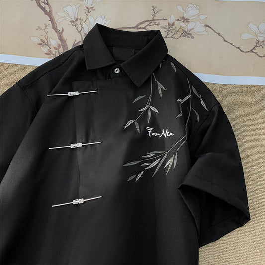 [V37 Series] ★Chinese-style shirt★ 2 colors Tops Short-sleeved shirt Unisex Men's Large size Black White Bamboo Bamboo pattern