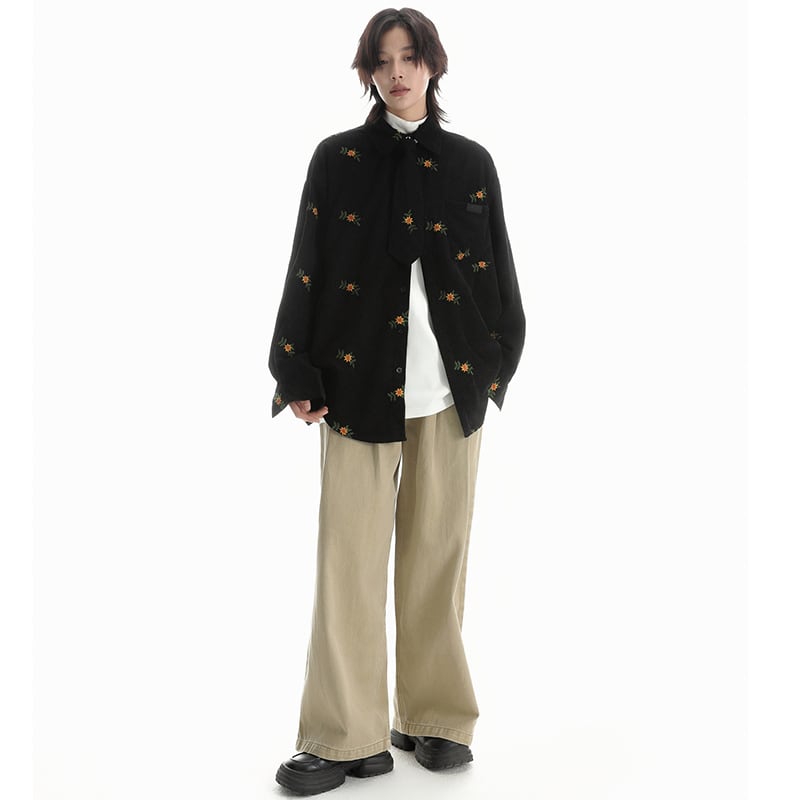 [SAMEUOO Series]★Shirt with tie★ 2color embroidery long sleeve shirt tops corduroy unisex men's