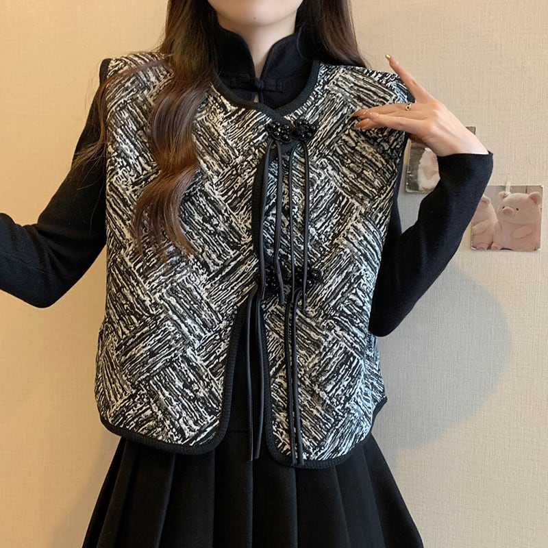 [JIGUJIGU series]★China style setup, single item order★ Long sleeve tops or vests Ink pattern Chinese buttons Black Black