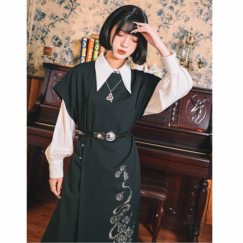 ✿New item! [Old Monster---Tatsuryu Series] ★Chinese style dress★ Sleeveless Hanfu dress Black Black