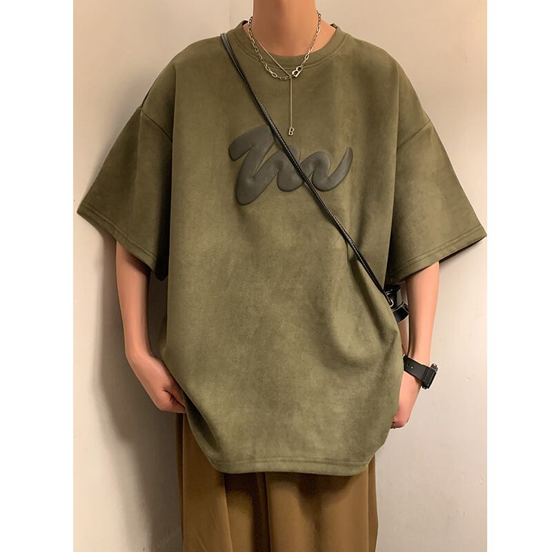 [TUOFEI Series]★T-shirt★ 3color Tops Unisex Men's Short Sleeve Suede Green Black Beige