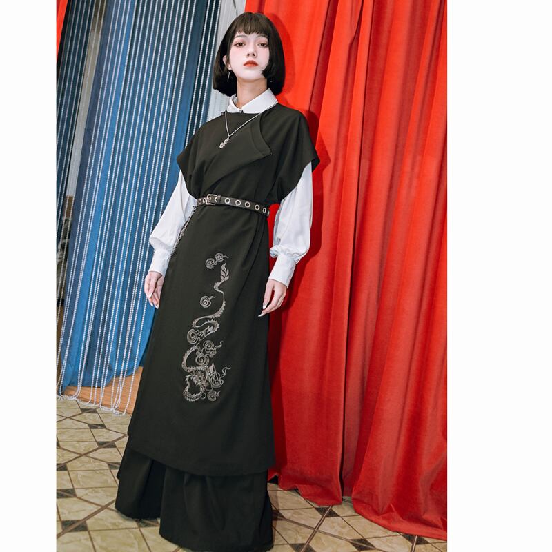 ✿New item! [Old Monster---Tatsuryu Series] ★Chinese style dress★ Sleeveless Hanfu dress Black Black