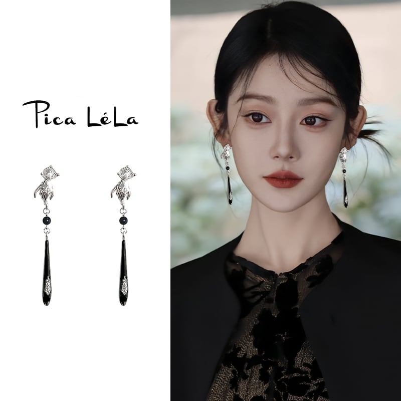 [Picalela Series]★China Style Earring★ Earrings Accessories Women's Long Length Improves Temperament Black