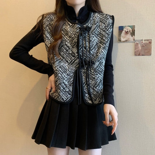 [JIGUJIGU series]★China style setup, single item order★ Long sleeve tops or vests Ink pattern Chinese buttons Black Black