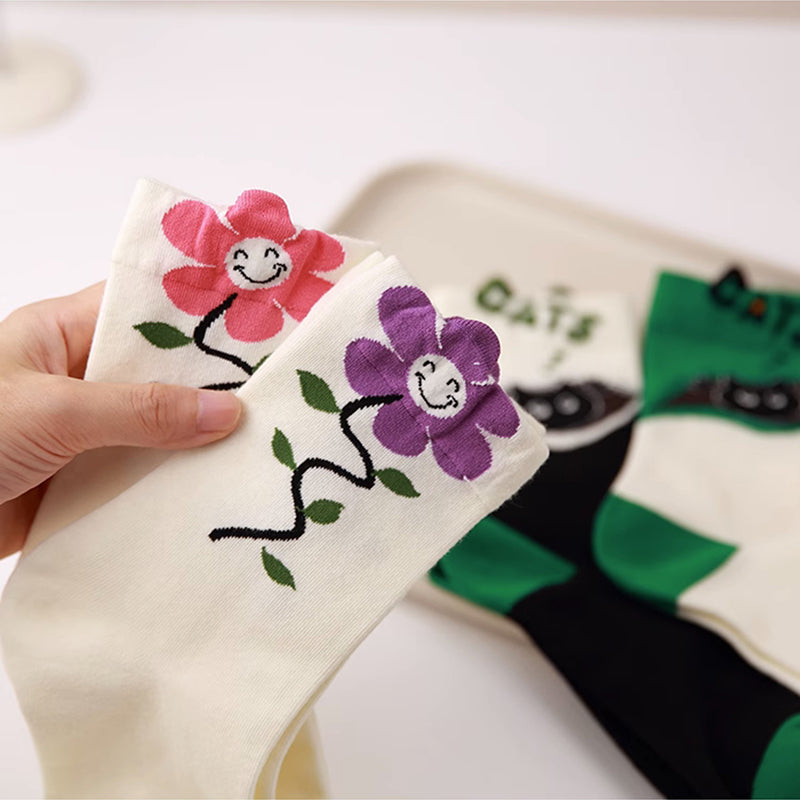 [Kairashi Series] ★Socks★ Set of 4 pairs Cotton Butterfly Cat Floral Black Green Pink Purple Cute