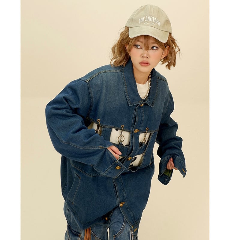 [PMFIVEE Series] ★Jacket★ Outer Denim Jeans Unisex Men's Distressed Stylish