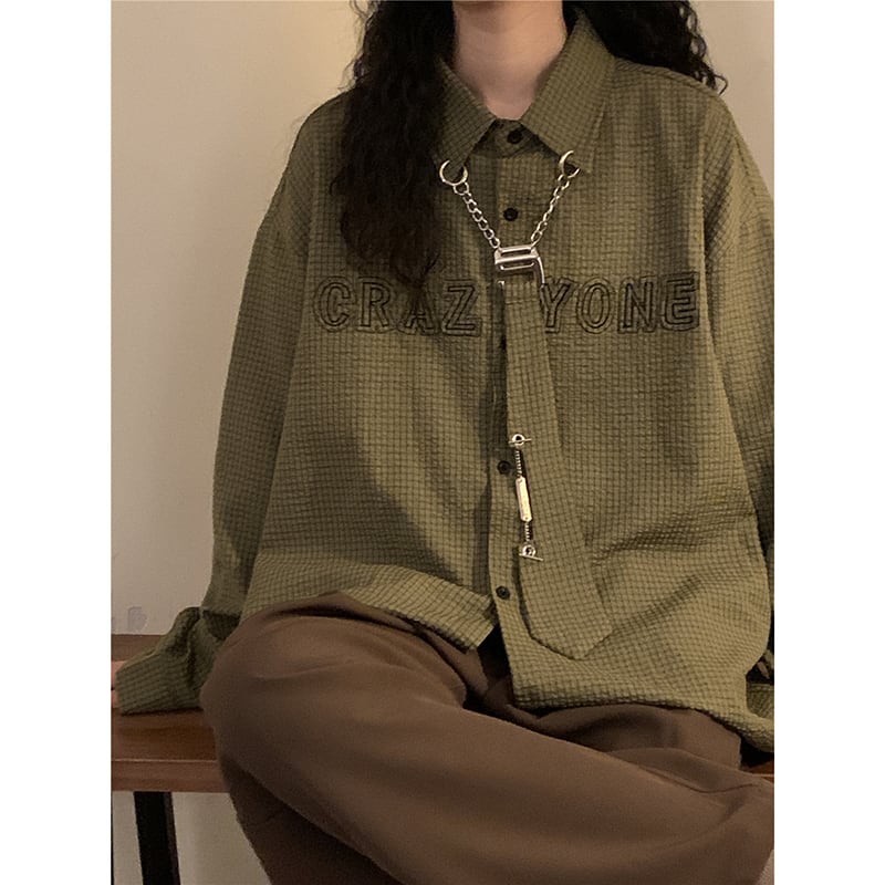 ✿New item! [NAGA Series]★Shirt★ Long sleeve shirt with tie, tops, unisex, men's green, coffee color