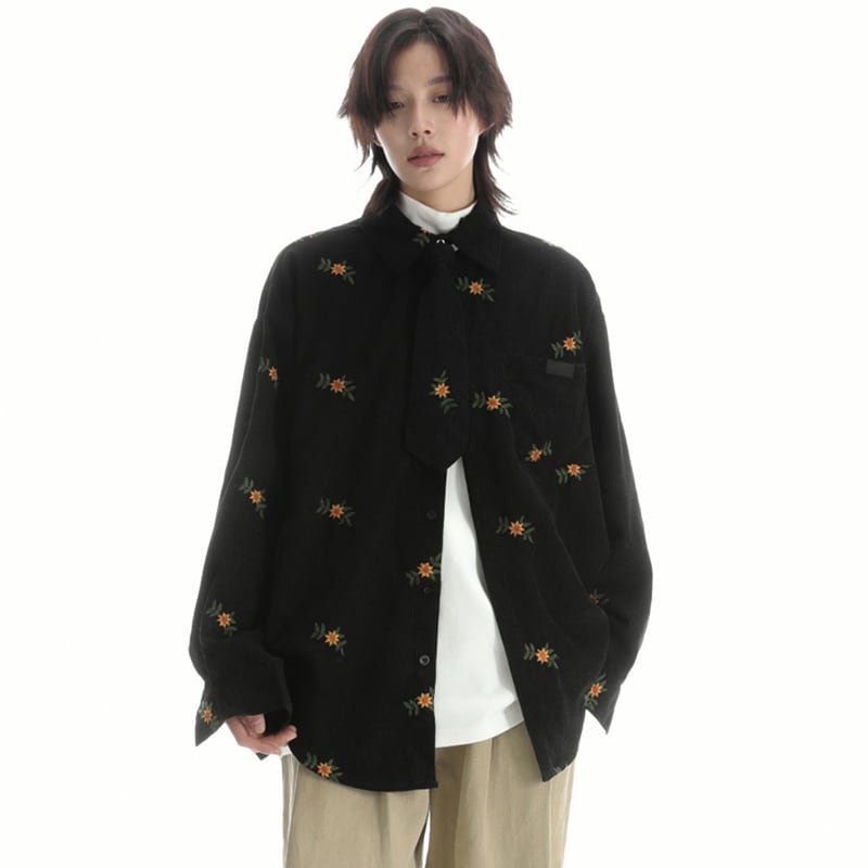 [SAMEUOO Series]★Shirt with tie★ 2color embroidery long sleeve shirt tops corduroy unisex men's