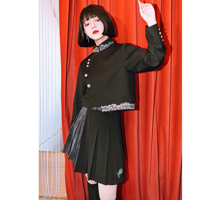 ✿New item! [Kokaisha --- Kaiten Series] ★China style outerwear★ Blazer, short length, embroidery, easy to match, black, black