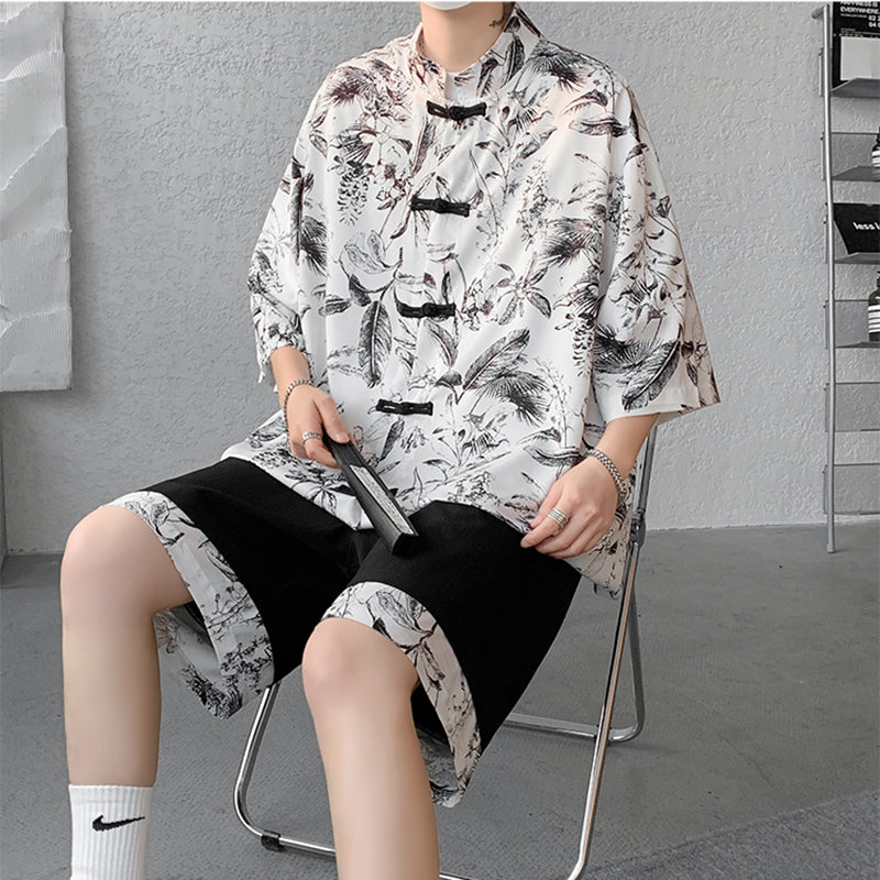 [WUSHE Series] ★Chinese style set up★ 3 colors Shirt + shorts Unisex Men's Large size Cool