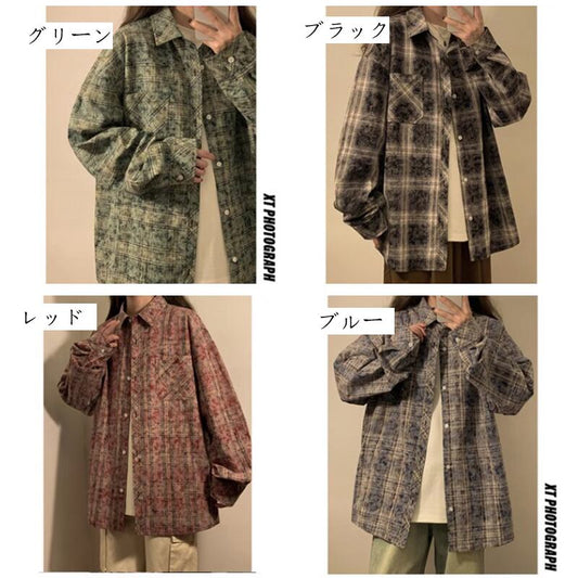 [SENSU Series]★Shirt★ 4color Tops Unisex Men's Large Size Plaid Pattern Green Black Red Blue