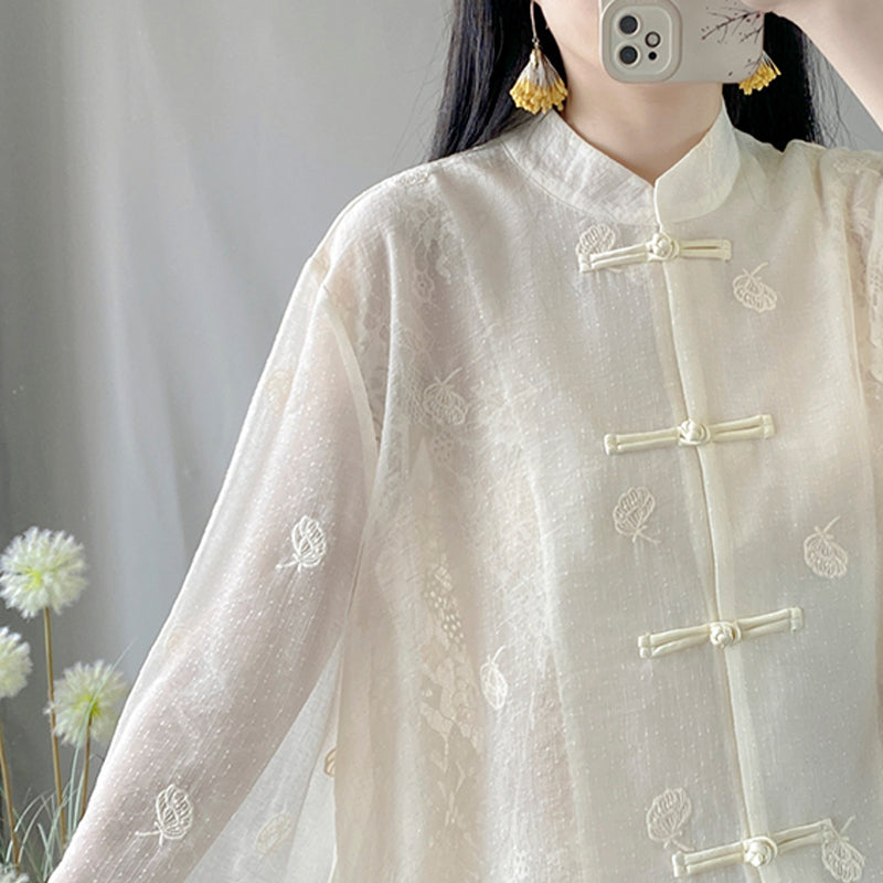 【XFJシリーズ】★チャイナ風トップス★ 中華服 シャツ 刺繍 気質アップ チャイナボタン 改良唐装  刺繍