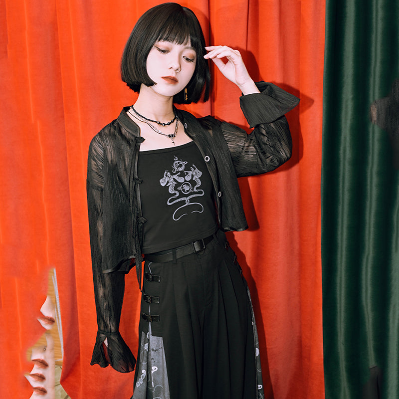 [Kokaisha---Ink collar series] ★Chinese style top★ Outer shirt, sun protection, unique, original, sheer, black