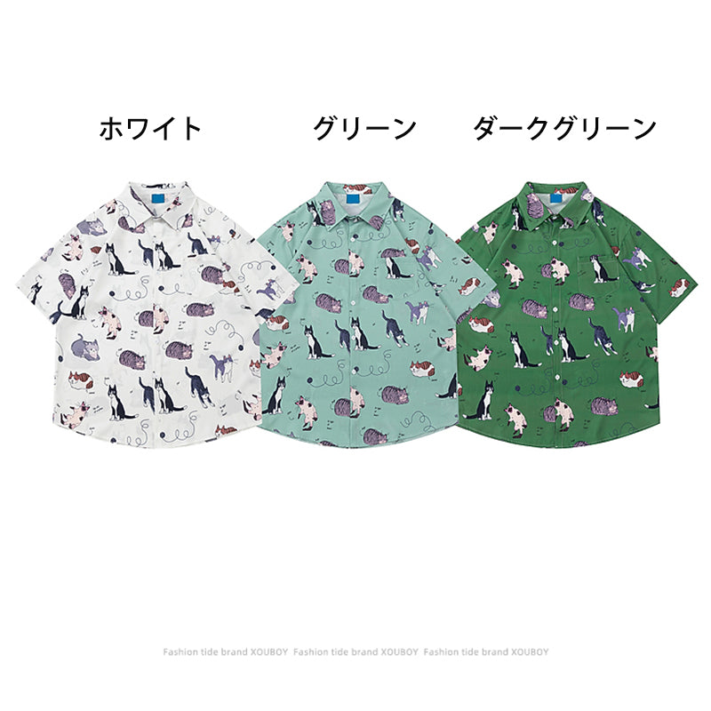 【TRAVEL ISSUANCEシリーズ】★シャツ★ 3color 半袖シャツ プリント トップス 男女兼用 メンズ M L XL 2XL 猫 ねこ ネコ