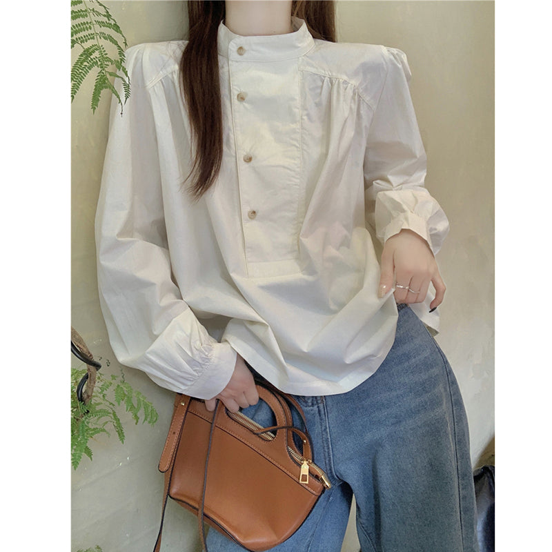 [YIHAO Series]★Shirt★ Tops Long Sleeve Shirt Women's Simple Stand Neck Retro Easy to Match