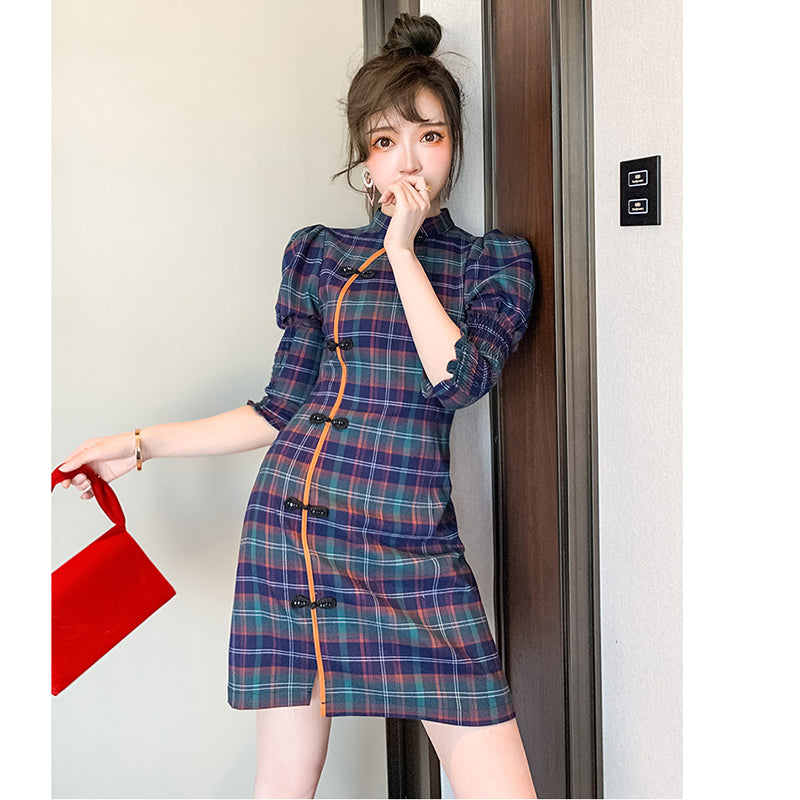 [WEISILU Series]★Cheongsam dress★ Chinese-style dress, plaid pattern, short length, date, wedding, blue-green