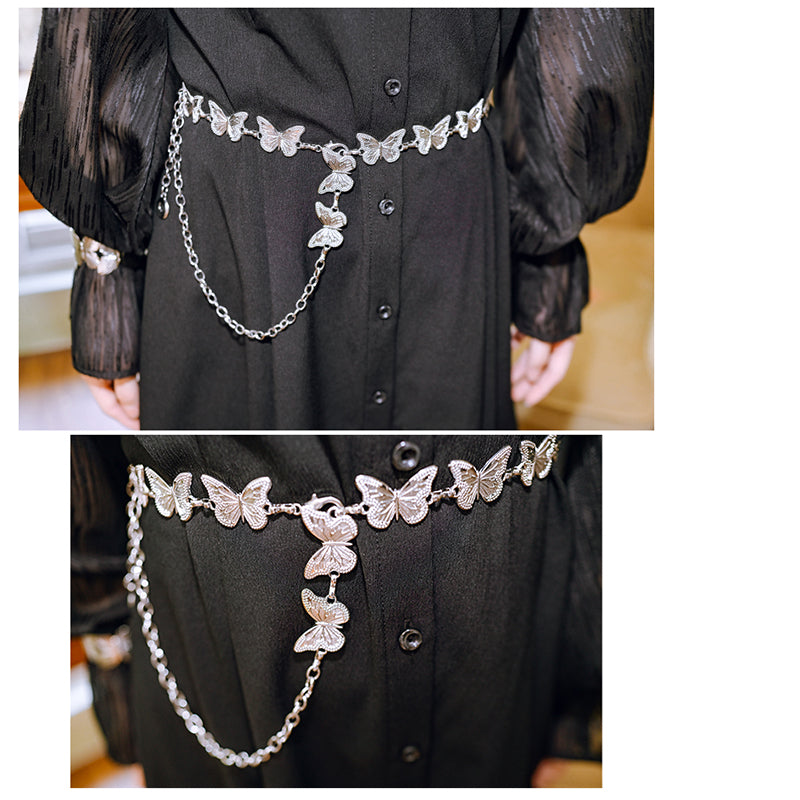 [Kokaisha---Silver Butterfly Series] ★Belt★ Chinese style belt, metal, chain, butterfly, accessory, easy to match, silver