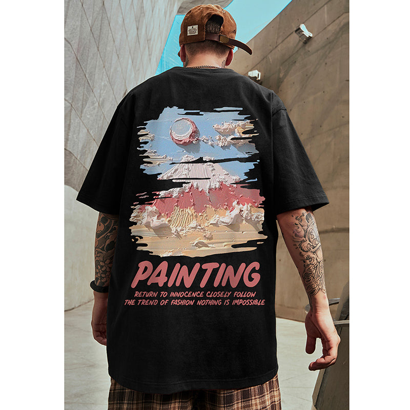 【MOYANシリーズ】★Tシャツ★ 綿100％ 厚て 3color トップス 油絵風 男女兼用 メンズ 大きいサイズ 黒 白 アプリコット