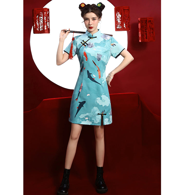 [MOMO Series]★Cheongsam dress★ Chinese style dress, short sleeves, short length, retro blue, blue