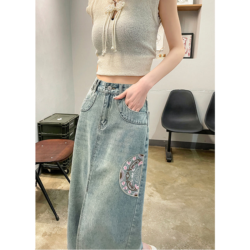 [TUANTUAN Series] ★Chinese-style skirt★ Denim skirt Bottoms Embroidery Women's Easy to match