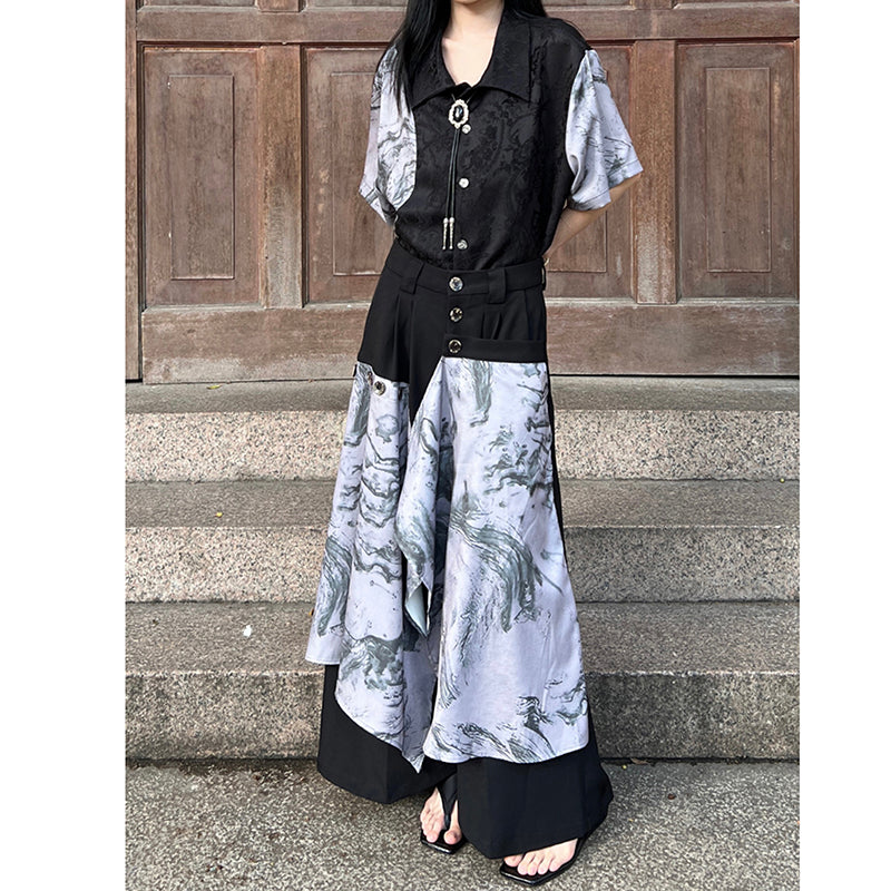 [Illustrated series]★China style pants★Bottoms China button black black unisex men's casual pants