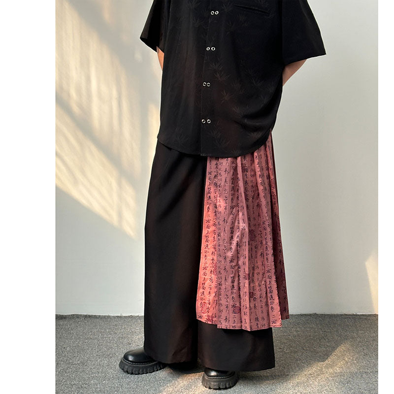 [Sameuoo Series] ★Chinese-style pants★ Bottoms, switching, kanji pattern, letter pattern, black, casual, easy to match