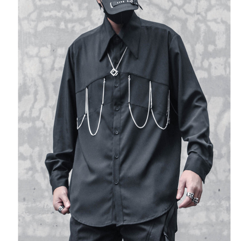 [WL Series]★Shirt★ Tops Long Sleeve Shirt Chain Unisex Men's Black Harajuku Style