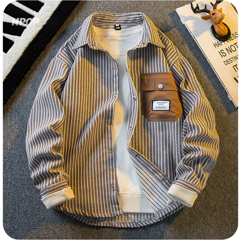 [HPCP Series]★Shirt★ 3color Tops Long Sleeve Shirt Unisex Men's Vertical Striped Striped Pattern Black Khaki Brown Green