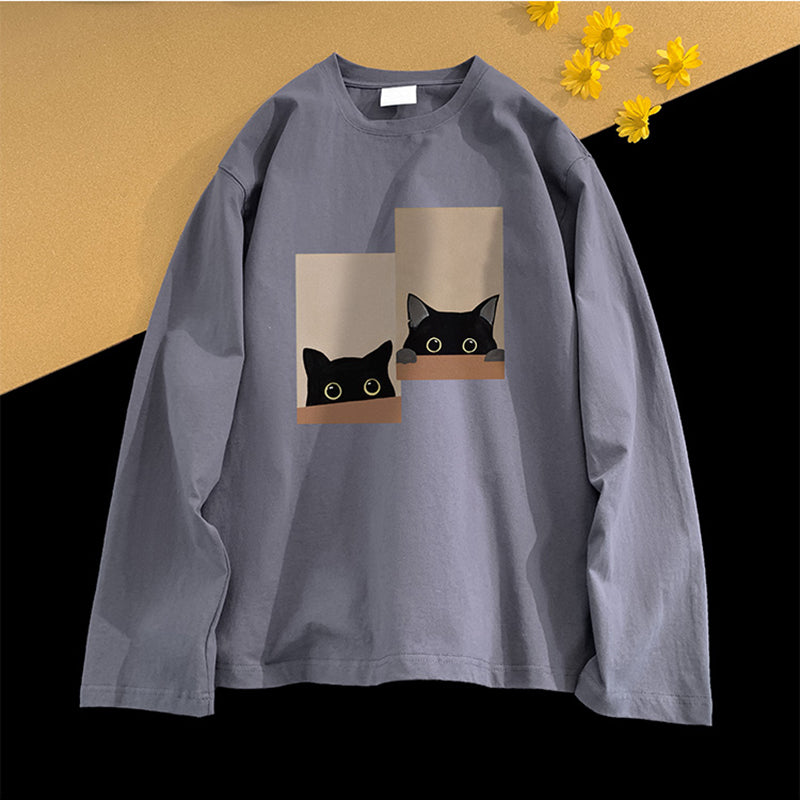 【SENSUシリーズ】★Tシャツ★ 5color 長袖Tシャツ 男女兼用 メンズ 大きいサイズ 猫 ねこ プリント コットン