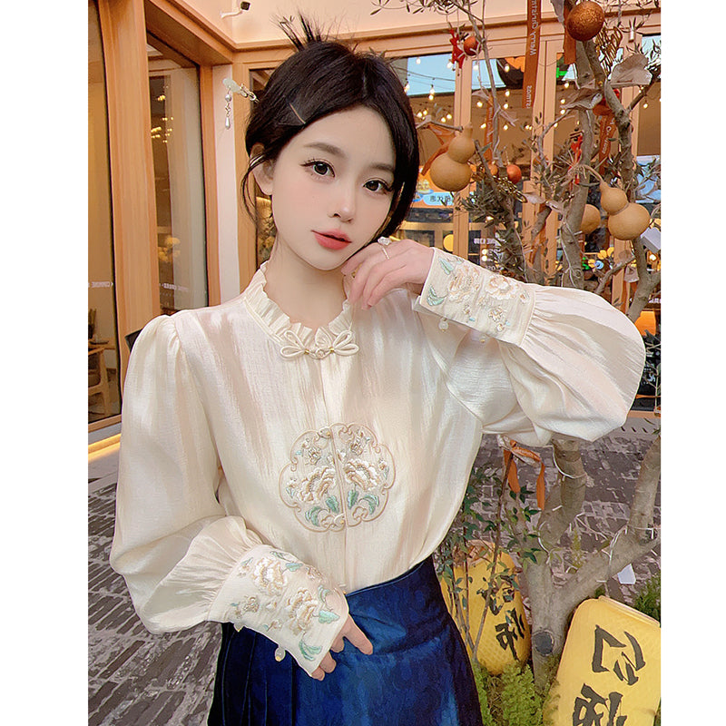 [MEIYI Series] ★China style tops★ Shirt, embroidery, long sleeve shirt, improves temperament, ladies, easy to match