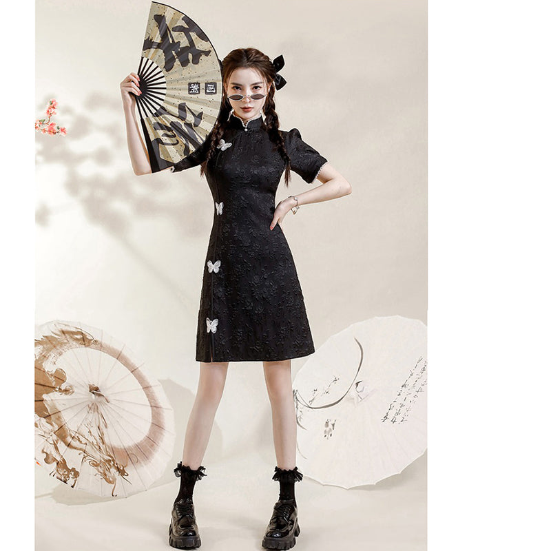 [HANYUNSHI Series]★Cheongsam dress★ Chinese style dress, short sleeves, short length, cute, butterfly