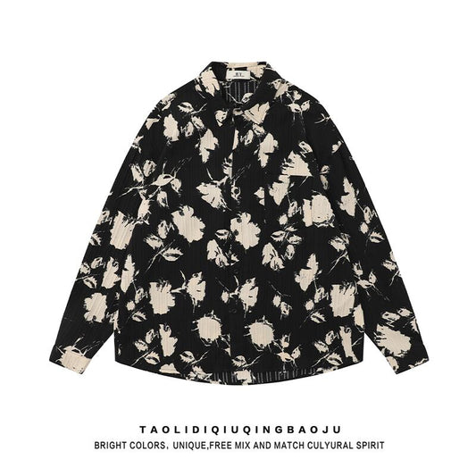 [LAOWANG Series]★Shirt★ 2color Long Sleeve Shirt Floral Shirt Tops Unisex Men's Black Apricot