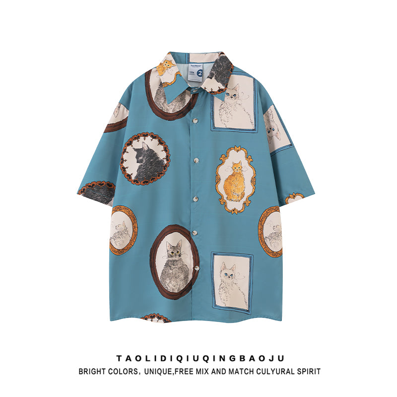 [TRAVEL ISSUANCE series] ★Shirt★ 2 colors Tops Short sleeve Cat Cat Cat pattern Unisex Men's Women's Black Blue