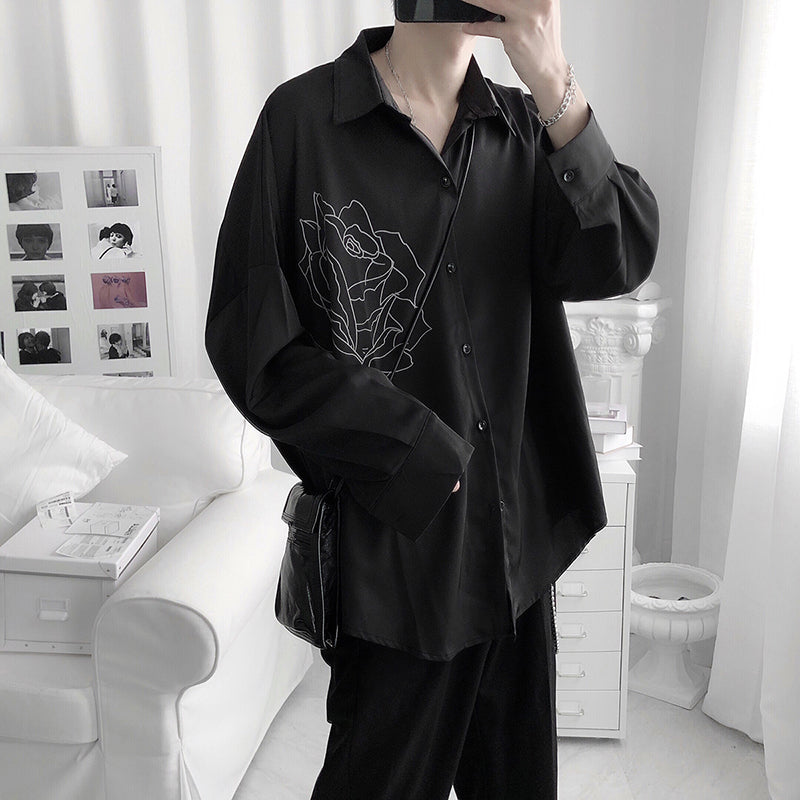 [Fudoku Sensei Series]★Shirt★ 2color long sleeve shirt tops unisex men's black white rose