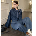 Load image into Gallery viewer, [YIHAO Series]★Shirt★ Tops Long Sleeve Shirt Women's Ribbon Denim Jeans Blue Blue
