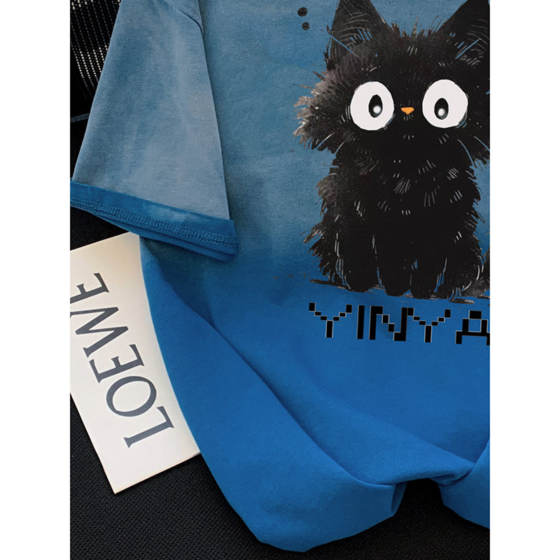 【YINYAシリーズ】★Tシャツ★ トップス 半袖 レディース 猫 ねこ ネコ 猫柄 おしゃれ グラデーション ブルー 青い